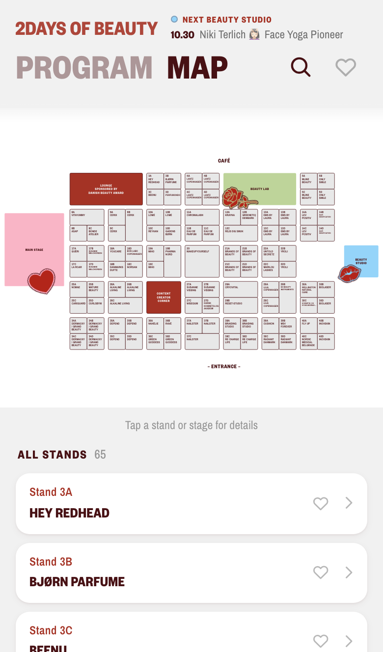 Interactive 2DAYS OF BEAUTY floor map built with Flavo’s event identity