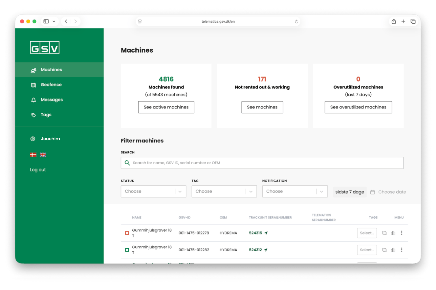 GSV’s telematics app listing machines with their status, tags and tracker numbers