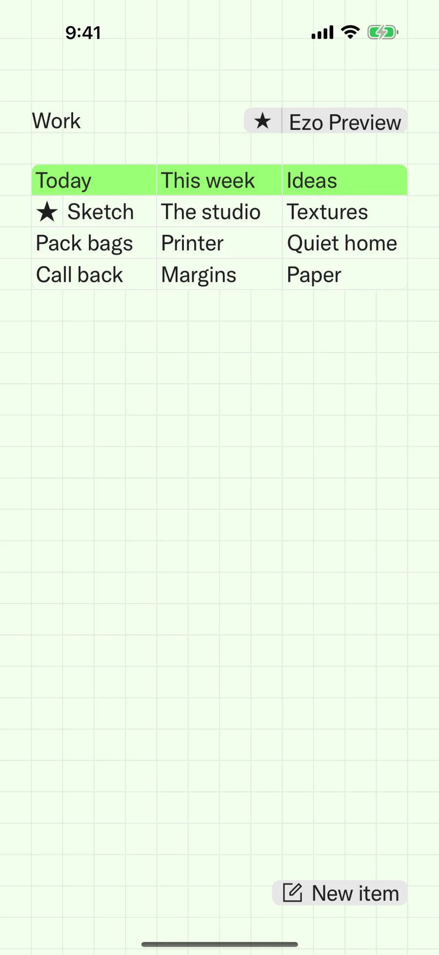 A list in Ezo on an iPhone